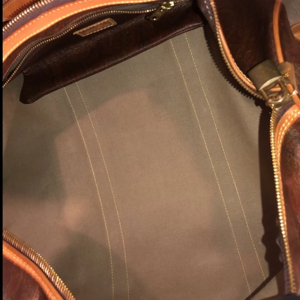 ETRO MILANO Paisley Coated Canvas Vachetta Leather Boston Shoulder Weekend Bag